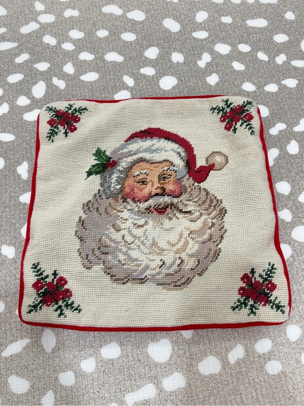 Vintage Needlepoint santa christmas velvet square pillow zipper handmade wool